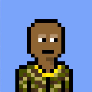 A pixel art portrait of a bald, dark-skinned character with a neutral expression wearing a camouflage jacket, set against a blue background, illustrating the "At Work vs. After Work" theme by capturing the soldier-like, uniformed appearance typical of someone on duty.