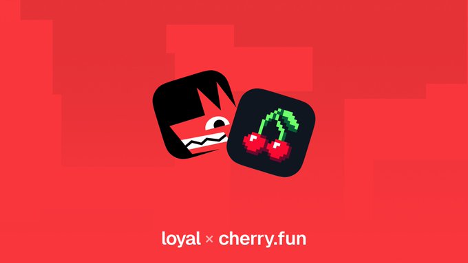 A promotional banner with a red background featuring a cartoon character and cherries, with the text 'loyal x cherry.fun' displayed at the bottom.