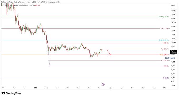 A TradingView candlestick chart for SOLUSDT (Solana) on Binance shows a bearish price trend with various Fibonacci retracement levels marked, with the current price at 72.89 USDT.