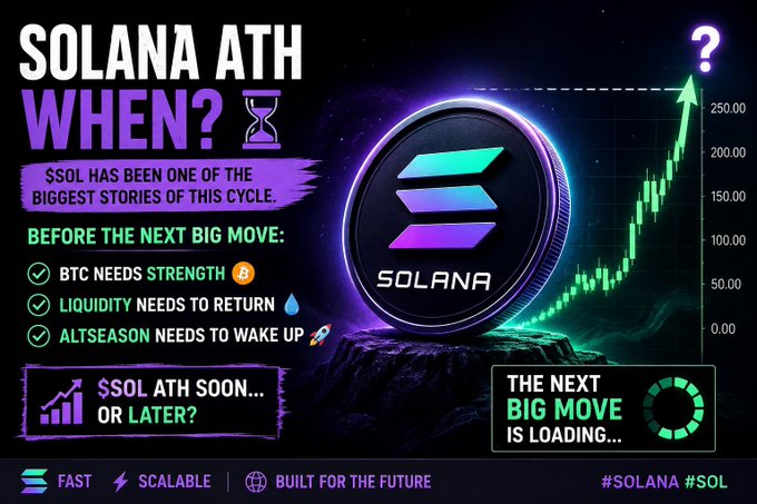A promotional graphic titled "SOLANA ATH WHEN?" featuring the Solana logo, an upward-trending price chart, and bullet points about BTC needing strength, liquidity returning, and altseason waking up.