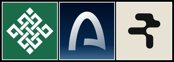 Three logo panels displayed side by side: a green panel with a white endless knot symbol, a dark blue panel with a stylized white 'A' symbol, and a cream panel with a black stylized 'F' symbol.