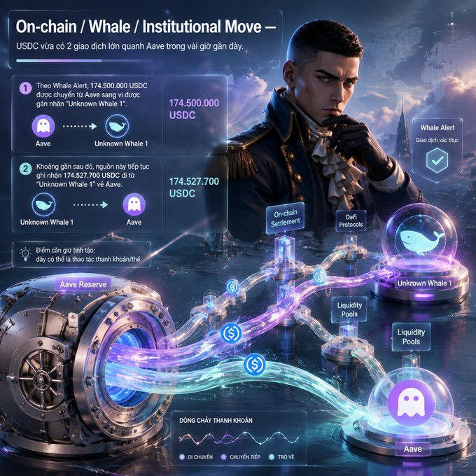 A futuristic digital dashboard titled "On-chain / Whale / Institutional Move" displaying a 174,500,000 USDC whale transaction involving Aave and "Unknown Whale 1" with a stylized figure in a military-style uniform.