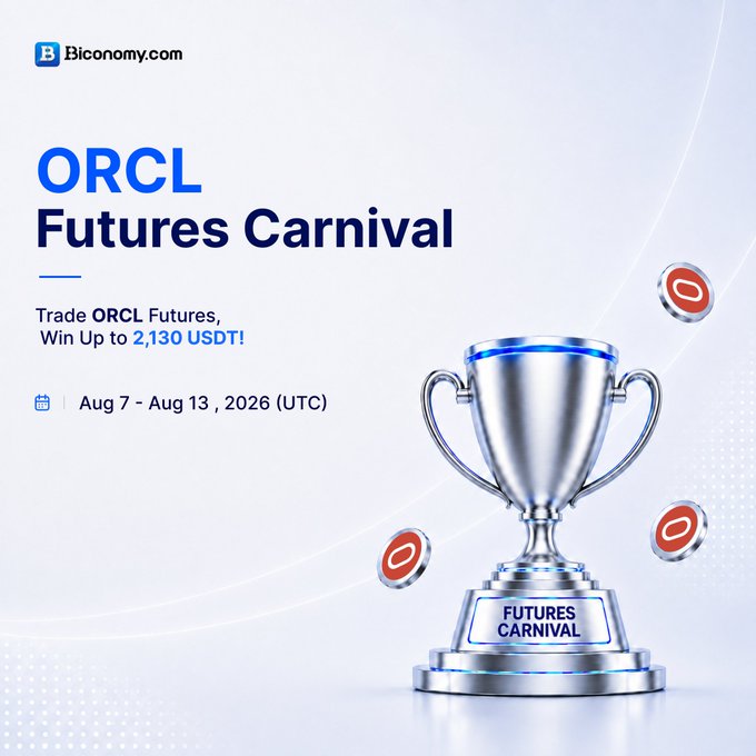 A promotional banner from Biconomy.com advertises the "ORCL Futures Carnival," inviting them to "Trade ORCL Futures, Win Up to 2,130 USDT!" from Aug 7 - Aug 13, 2026 (UTC), featuring a silver trophy.