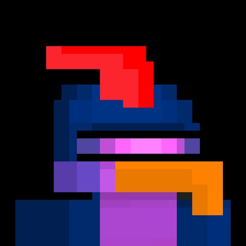 A pixel art bird character with a red crest, blue body, and purple-tipped beak, shown against a black background. The simple, colorful avatar visually represents the "stonkbird" mentioned in the post, which has reportedly earned 0.0024 ETH.