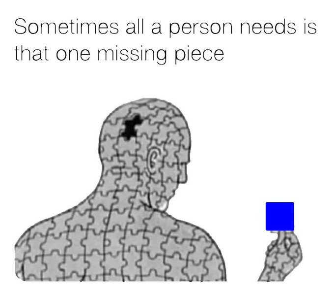 A black and white illustration showing a figure made of jigsaw puzzle pieces with one piece missing from the head, while another figure holds out a blue puzzle piece, captioned 'Sometimes all a person needs is that one missing piece'.