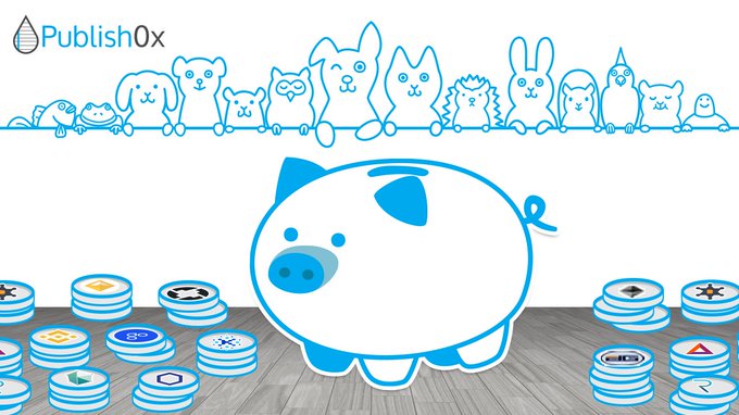 Publish0x branded illustration featuring a cartoon piggy bank surrounded by various cryptocurrency tokens, with line-drawn animals in the background.
