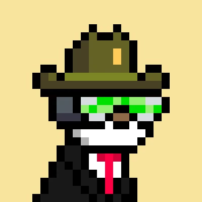 A pixel art character wearing a dark fedora, green shutter shades, and a white face covering with a red tie.