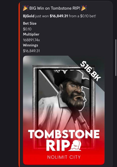 A screenshot of a casino win notification shows "BjGold just won $16,849.31 from a $0.10 bet" on the Tombstone RIP slot by Nolimit City, with a 168891.74x multiplier, illustrating the post's claim of turning 10 cents into $16.8k.
