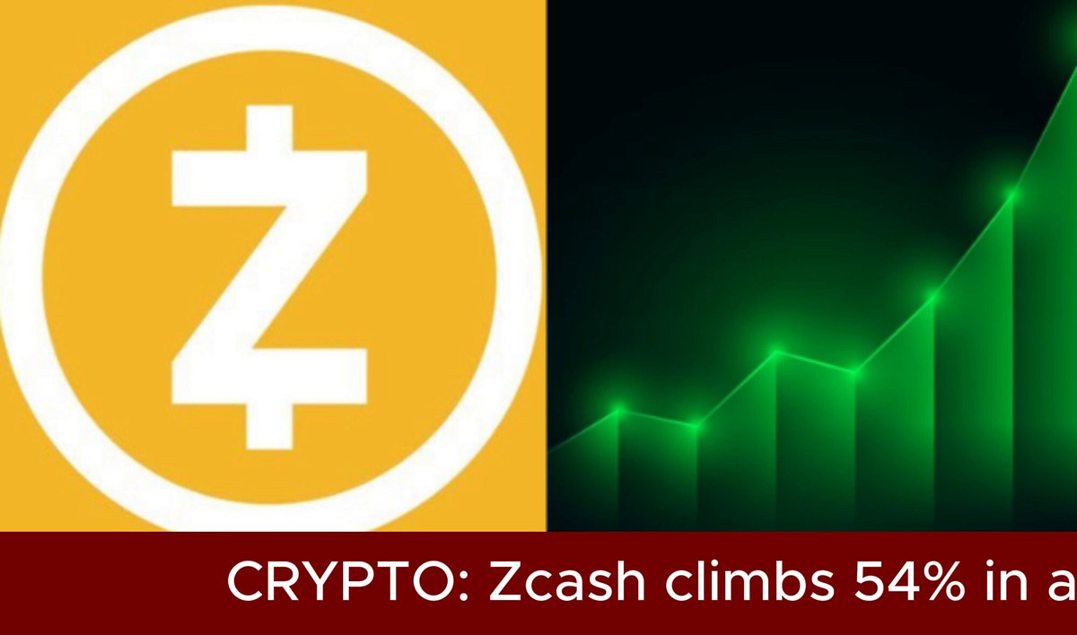 The image features a comparison between the cryptocurrency Zcash and Bitcoin, with both coins shown side by side against a black background. The Bitcoin coin is positioned at the top of the screen, while the Zcash coin sits closer to the bottom. The Bitcoin logo, depicted in yellow, stands out prominently among the two coins. 

Additionally, there's a description of how much each coin has climbed over the past month, indicating that Bitcoin and Zcash are currently up 54% and 54% respectively. A caption below these coins reveals that the price of Bitcoin is $6.61 million, while the price of Zcash is $6.46 million. The post also mentions that the price difference between them is $0.52.