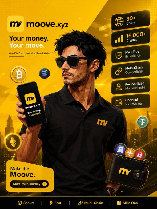 A promotional poster for "moove.xyz" featuring a man in sunglasses holding a phone, with the text "Your money. Your move." and a list of features including "30+ Chains", "16,000+ Cryptos", "KYC-Free Experience", and "Multi-Chain Compatibility".