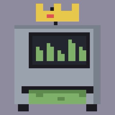 A pixel art style illustration shows a gray machine or arcade cabinet with green bar graphs displayed on its screen and a yellow crown on top.