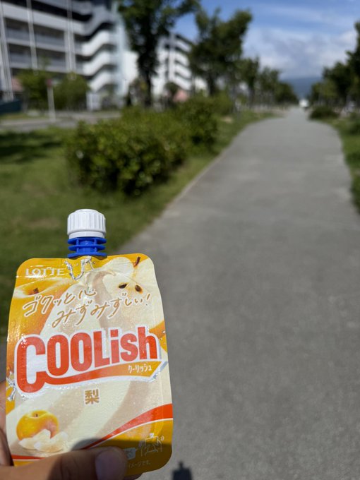 A hand holds a Lotte Coolish pear-flavored frozen dessert pouch (130g) on a paved path with buildings in the background.
