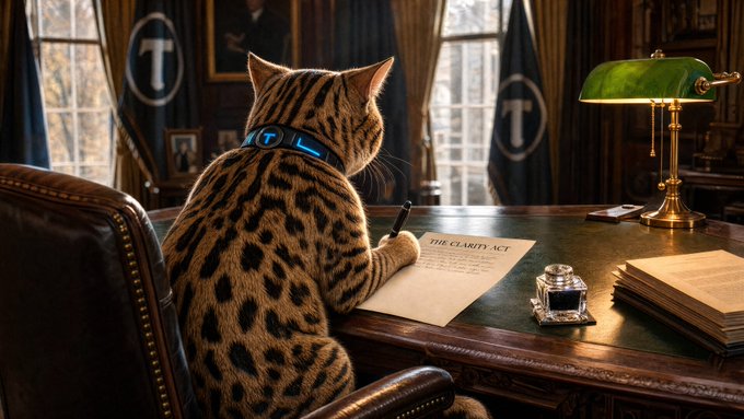 A spotted cat wearing a glowing blue "T" collar sits at a wooden desk, signing a document labeled "THE CLARITY ACT," surrounded by "T" banners, an inkwell, and stacks of papers. The image visualizes the post's theme of confidently "buying the fear" during uncertain markets—depicting a poised, strategic figure capitalizing on panic moments like those in 2009 or today's crypto downturn.
