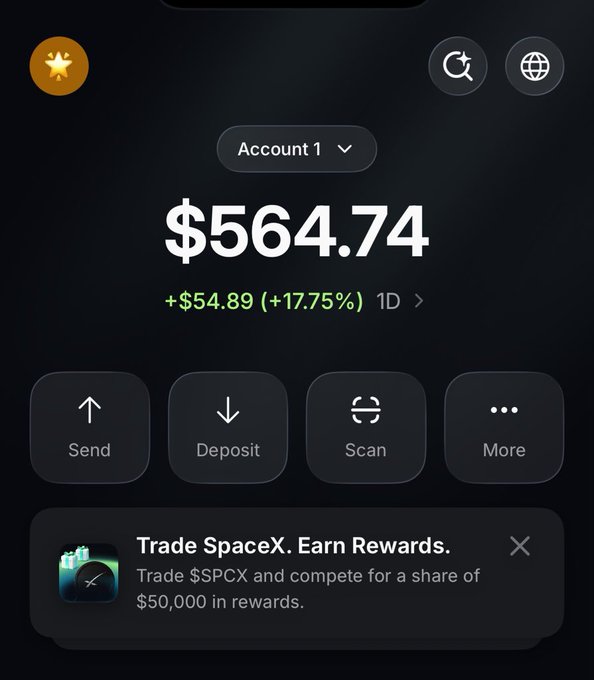 A crypto wallet app displays an account balance of $564.74, up $54.89 (+17.75%) over 1 day, with options to send, deposit, scan, and more, along with a promotional banner about trading SpaceX ($SPCX). The post asks followers to like, retweet, and drop their Solana wallet addresses to receive $100 giveaways, which would be executed using the "Send" function visible in the app.