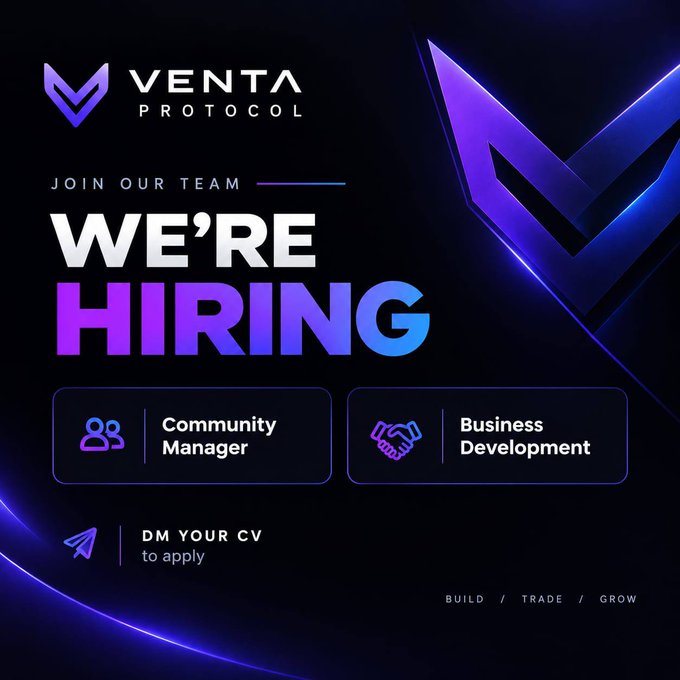 A 'Venta Protocol' recruitment graphic announcing 'WE'RE HIRING' for Community Manager and Business Development positions, with the tagline 'BUILD / TRADE / GROW'.