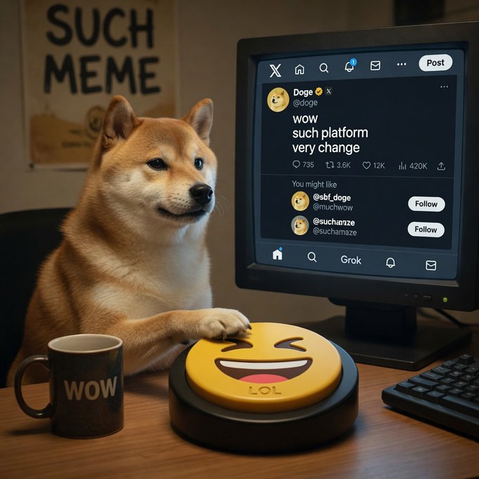 A Shiba Inu dog sits at a desk using a large LOL emoji button, with a computer screen behind it displaying a Doge tweet reading "wow such platform very change" and a "SUCH MEME" poster on the wall, playfully visualizing the request to add DOGE wallet integration and a LOL reaction button to 𝕏.