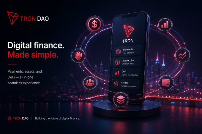 A promotional banner for TRON DAO displays a smartphone showcasing four core features—Payments (Fast & Secure), Stablecoins (USDT on TRON), DeFi (Explore opportunities), and Assets (Manage your assets)—surrounded by floating icons representing users, security, and analytics against a neon cityscape, with the tagline "Digital finance. Made simple."

The image visually reinforces the post's message by illustrating how a single platform like TRON integrates stablecoin payments, diverse digital asset management, DeFi interactions, and seamless blockchain-based application connectivity into one streamlined ecosystem.