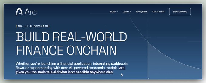 Screenshot of the Arc blockchain website homepage, featuring the tagline 'BUILD REAL-WORLD FINANCE ONCHAIN' and navigation options for Build, Learn, Ecosystem, and Community.