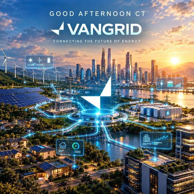 A futuristic cityscape advertisement for 'VANGRID' with the tagline 'CONNECTING THE FUTURE OF ENERGY' showing solar panels and wind turbines.