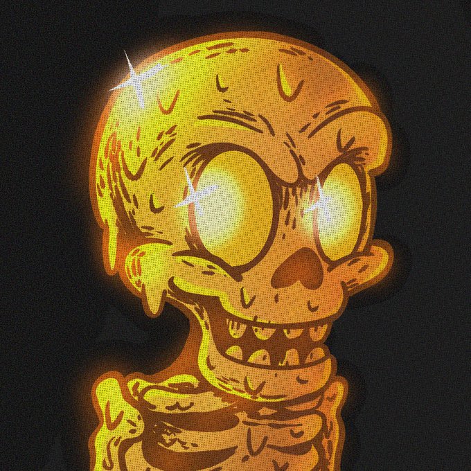 A cartoon skull glowing in vibrant yellow-orange hues with starry-eyed reflections, fitting the post's announcement of the live Guild of Guardians ($GOG) Discord and token launch update.