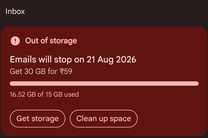 A Google Inbox notification warning 'Out of storage,' stating that 'Emails will stop on 21 Aug 2026' and offering 30 GB for ₹59, with 16.52 GB of 15 GB used.