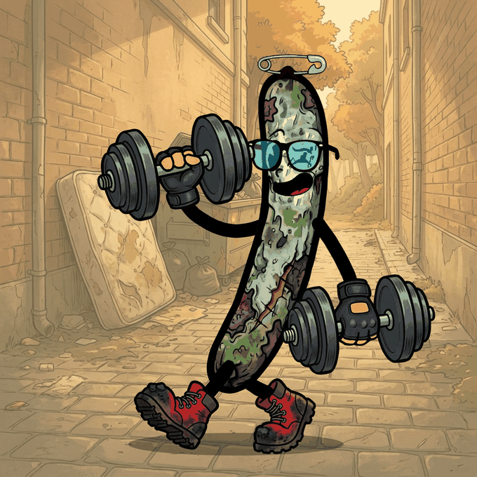A muscular pickle character wearing sunglasses, fingerless gloves, and red sneakers lifts heavy dumbbells in a gritty alleyway, perfectly embodying the post's "BIGD IS STILL BIGD" message of strength, resilience, and confidence amid market chaos—visually reinforcing the call to "grab your BIGD" and hold steady through the volatility.