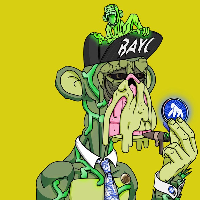 A cartoon illustration of a Bored Ape Yacht Club (BAYC) NFT character wearing a black cap with "BAYC" text, holding a magnifying glass displaying the ApeCoin logo, with a smaller green ape on top of its cap.