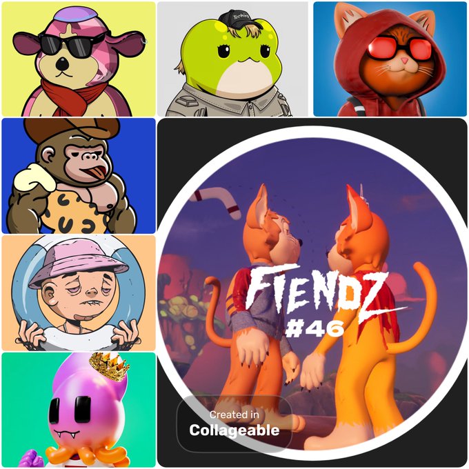 A collage of NFT character artworks featuring a pink cow with sunglasses, a green frog in a gray hoodie, a red-hooded cat, a monkey in a hoodie, a person in a pink hat, and a pink crowned creature, alongside a circular logo reading 'FTENDZ #46' with two orange cat characters, created in Collageable.