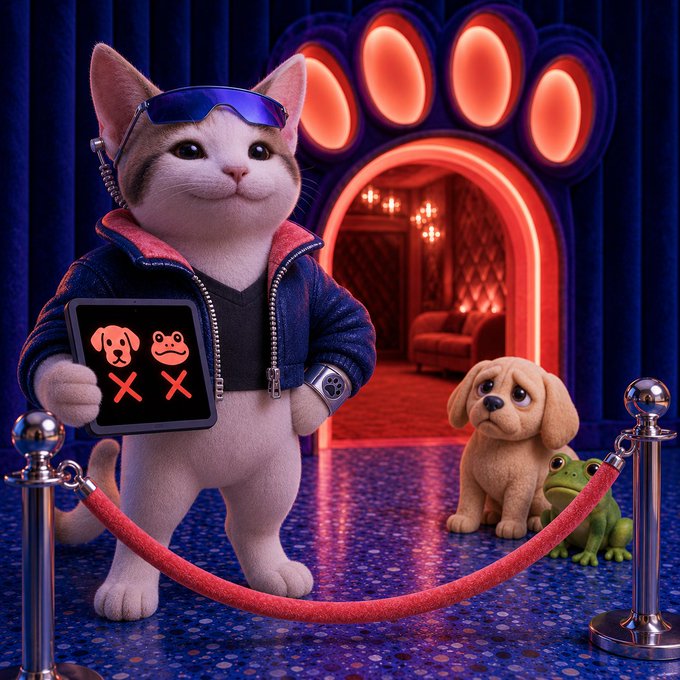A stylish cat wearing sunglasses and a denim jacket holds a tablet displaying red "X" marks over a dog and frog icon, standing behind a red velvet rope while a sad puppy and green frog wait outside an ornate paw-shaped neon entrance. The scene playfully illustrates the post's bio of "Velvet rope down. Whiskers up. Vell checks the CATLIST while dogs, frogs, and toads rehearse their meows outside," capturing the exclusive, cats-only club vibe of the $CATLIST meme token.
