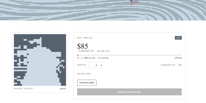 The image shows a mint page for "DROP 001" priced at $85, with 17/1,500 minted and 13 minting, illustrating the author's critique of a project using a Bitcoin Ordinals-style launch to build hype while charging a premium price. The pixel art image labeled "WHO WILL YOU GET? #?????" and the "Connect a wallet to mint" button emphasize the speculative, high-cost nature of the drop being criticized.