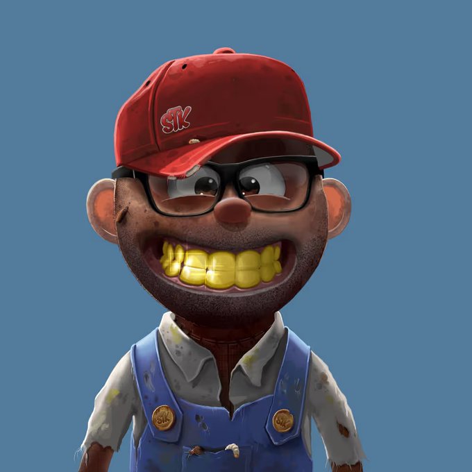A 3D-rendered cartoon character wearing a red "SIK" cap, black glasses, blue overalls over a stained white shirt, displaying an exaggerated wide smile with prominent gold teeth.