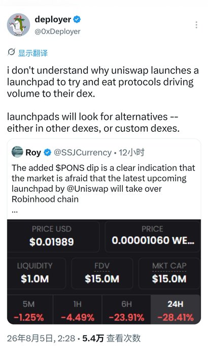 A tweet from @0xDeployer criticizing Uniswap for launching a launchpad that competes with protocols like $PONS on Robinhood chain, questioning why it would cannibalize its own DEX volume, accompanied by a chart showing $PONS down 28.41% in 24 hours with a $15.0M FDV—visually supporting his claim that the market views Uniswap's launchpad as a threat to existing tokens.