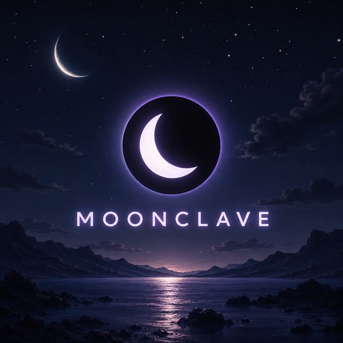 A dark, atmospheric night scene features a crescent moon logo encircled by a purple glow above the text "MOONCLAVE," set against a starry sky, a smaller crescent moon, and a moonlit ocean landscape.