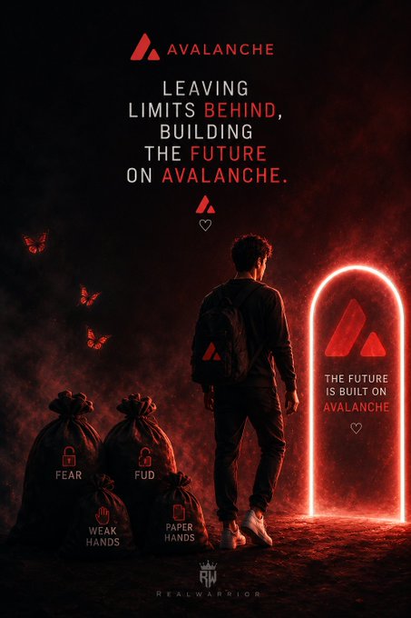 A dark promotional poster for 'AVALANCHE' with the tagline 'LEAVING LIMITS BEHIND, BUILDING THE FUTURE ON AVALANCHE,' showing a person with a backpack standing before a glowing red archway, with bags labeled 'FEAR', 'FUD', 'WEAK HANDS', and 'PAPER HANDS' beside them.