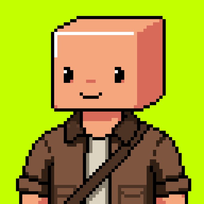 A pixel-art portrait of a smiling, bald character wearing a brown jacket against a bright green background, representing the "Noob" character from the Noobs NFT collection being minted today at 4 PM UTC.