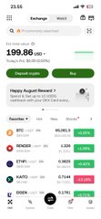 The image shows a mobile screenshot of the OKX cryptocurrency exchange app displaying a Bitcoin (BTC) price of $199.86, with a deposit option highlighted, alongside a list of other cryptocurrencies including BTC, INJDOGE, ETH, and KARO showing various percentage changes in green and red.

This screenshot supports the post's Day 1 crypto purchase experiment, showing the OKX app being used to facilitate buying daily necessities with cryptocurrency via a "crypto card" at Indomaret.