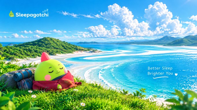 A cute green Sleepagotchi character naps peacefully on a grassy hill overlooking a serene beach, embodying the "Better Sleep, Brighter You" slogan displayed beside it. The tranquil coastal scene visually reinforces the project's focus on restful sleep while keeping the Web3 mechanics seamlessly in the background.