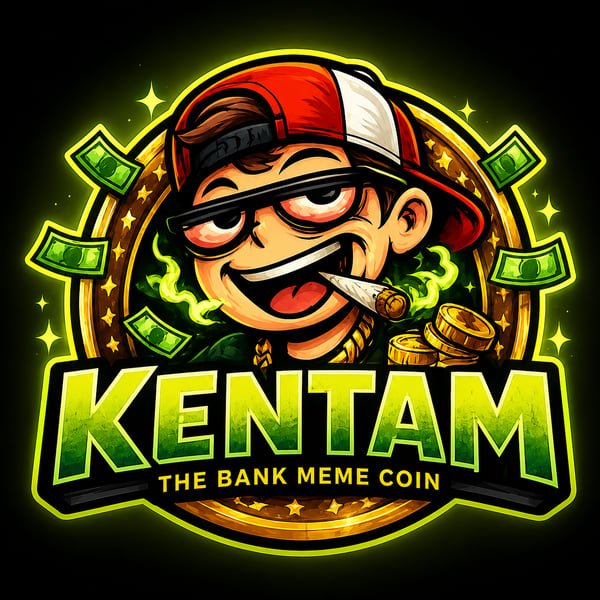 The image features a logo for a new coin called "KENTAM" that has been minted by the Bank Meme Coin. The logo includes a cartoon depiction of a boy wearing glasses, a red hat, and sunglasses with a cigarette in his mouth, surrounded by stacks of money. The text on the logo reads "KENTAM IS LIVE! A new name, a new journey, and a growing community on Solana!".
