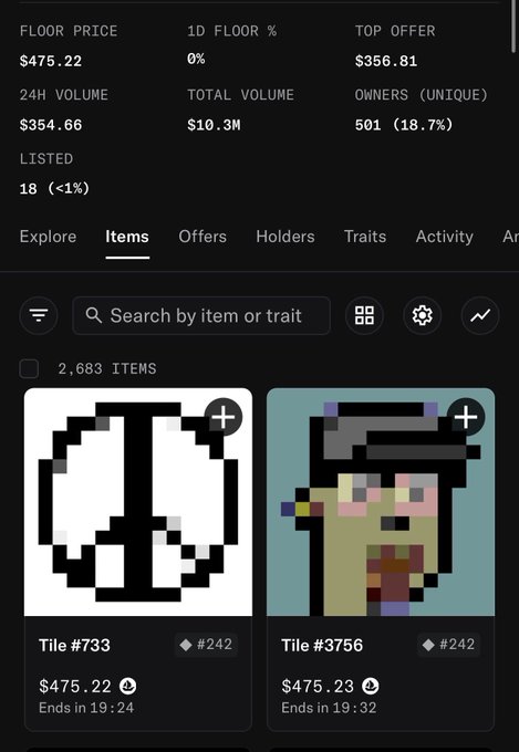 A screenshot of an NFT marketplace interface showing pixel art items including 'Tile #733' and 'Tile #3756' with prices around $475, displaying metrics like floor price, volume, and owners.
