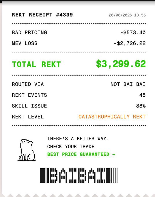 A digital receipt-style receipt from rekt.news showing 'TOTAL REKT $3,299.62' with details like 'BAD PRICING -$573.40', 'MEV LOSS -$2,726.22', and 'REKT LEVEL: CATASTROPHICALLY REKT'.