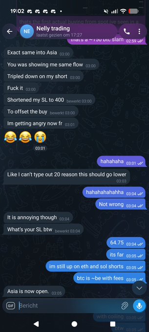 A WhatsApp conversation with "Nelly trading" shows them discussing crypto shorts, with the sender noting they "Tripled down" on a short at 03:00, shortened their SL to 400, and is "still up on eth and sol shorts" while BTC is "be with fees"—live trading banter that the post frames as "cooking with the lads in live time."