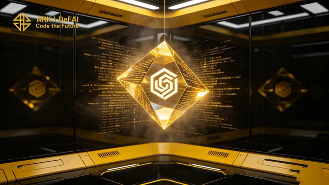 A glowing golden octahedral hologram containing the Arkie logo floats within a futuristic, tech-inspired chamber, with "ARK | DeFAI — Code the Future" displayed in the top-left corner. The image visually reinforces the message of the post by symbolizing the Arkie AI App as a central, powerful hub where ARK users harness AI Agents to transform raw ideas and fragmented Web3 activity into structured, actionable outcomes.