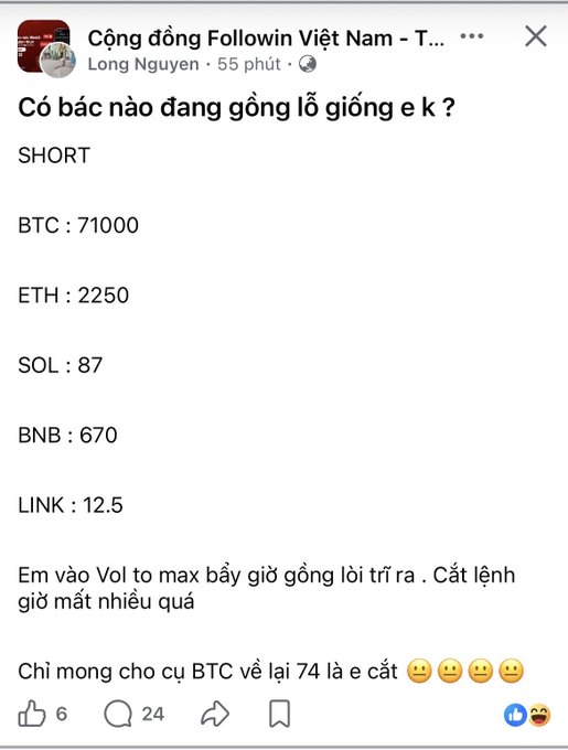 A Vietnamese Facebook post from 'Cộng đồng Followin Việt Nam' asking which traders are shorting, listing prices for BTC: 71000, ETH: 2250, SOL: 87, BNB: 670, and LINK: 12.5.