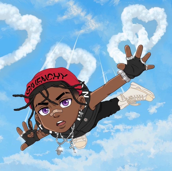 A cartoon character wearing a red Givenchy beanie, black shirt, and silver chains is shown falling through a blue sky with white clouds forming the number "1000000".