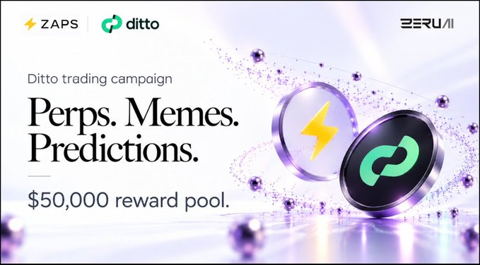 A promotional graphic for a "Ditto trading campaign" with the text "Perps. Memes. Predictions." and "$50,000 reward pool.", featuring ZAPS, ditto, and ZERUVI logos alongside lightning bolt icons.