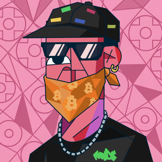A stylized cartoon illustration of a character wearing a colorful cap, sunglasses, a Bitcoin-patterned bandana over their face, and a chain necklace against a pink geometric background.