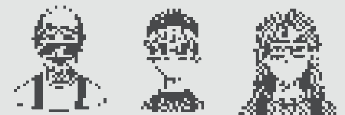 Three pixelated black and white portraits of men with varied expressions, styled like retro video game characters.