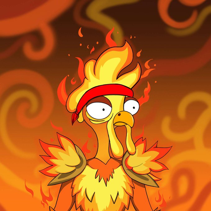 A cartoon illustration of a stylized chicken/rooster character with a fiery orange and yellow flame-like head, wearing a red headband, set against an orange swirled background.