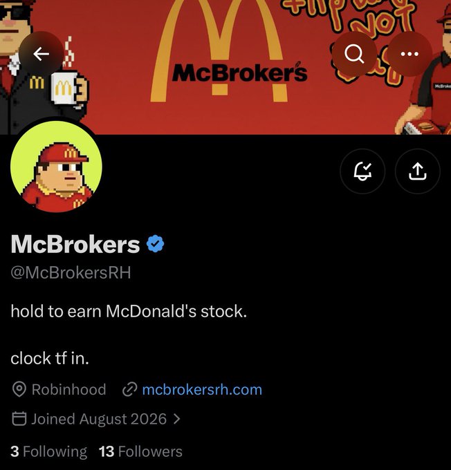 A Twitter/X profile screenshot for 'McBrokers' (@McBrokersRH) with the bio 'hold to earn McDonald's stock' and a custom McDonald's-themed pixel art banner, showing 3 Following and 13 Followers.