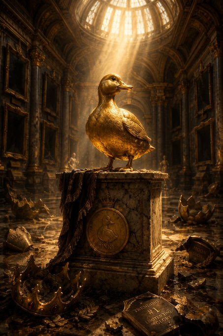 An ornate golden duck statue displayed on a marble pedestal in a grand cathedral-like hall with sunlight streaming through a dome, surrounded by golden crowns and treasures on the floor.